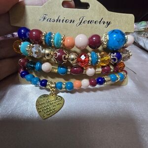 Colorful Beaded Bracelet Set with Heart Charm